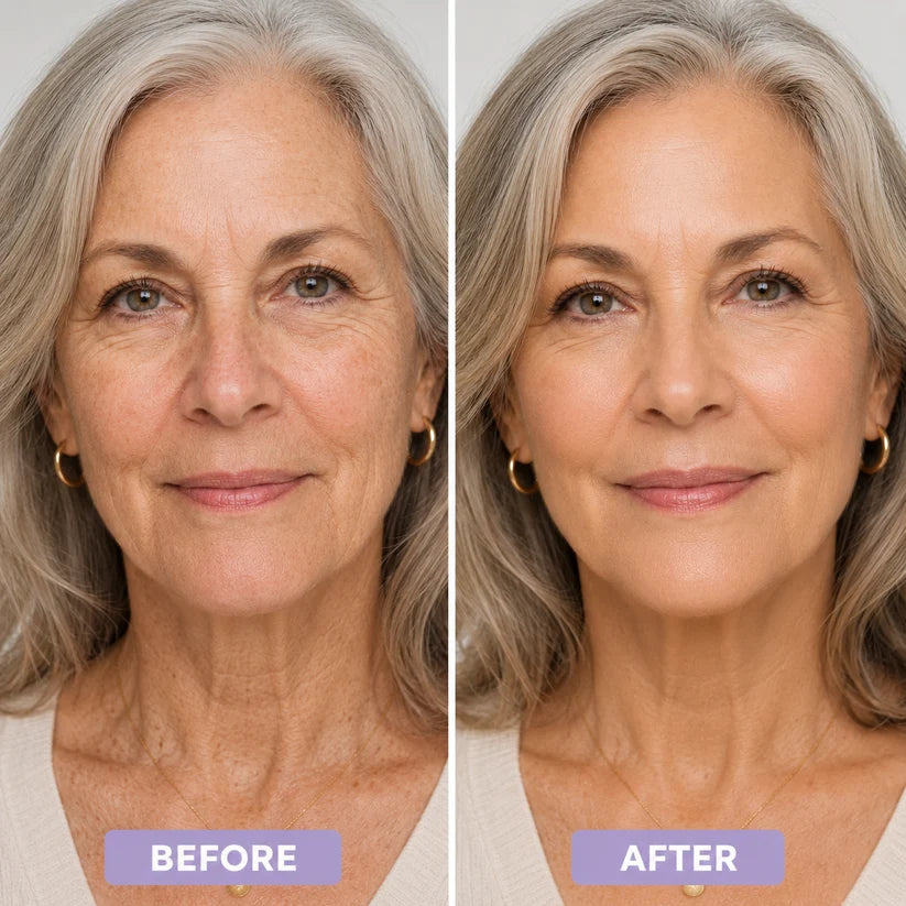Original promotional before-and-after foundation finish on a silver-haired model
