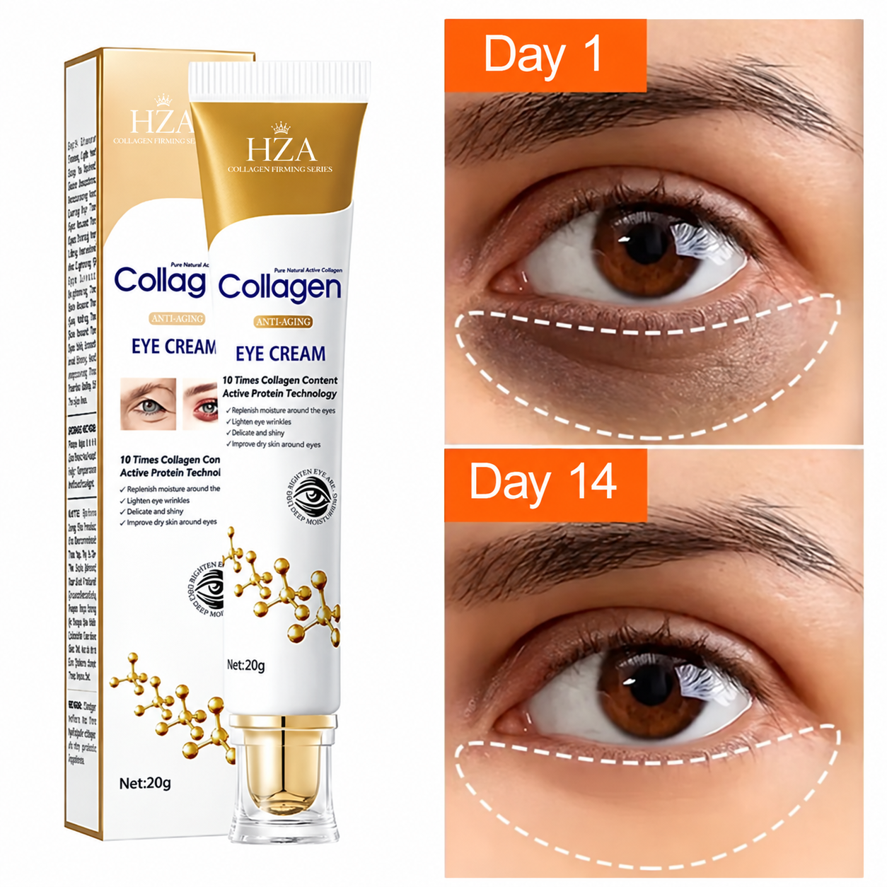HZA Eye Cream Day 1 and Day 14 comparison
